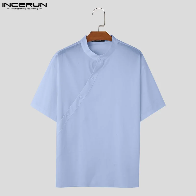 Incerun 2024 Heren Zomer Tops Opstaande Kraag Met Knoopsluiting Katoenen Shirts Effen Kleur Casual Blouse Mannen Kleding Oversized T-Shirt