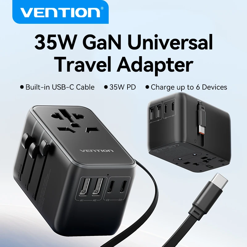 Универсальный дорожный адаптер GaN Vention 35 Вт с USB и типом C, международный адаптер для быстрой зарядки, вилка стандарта ЕС/Великобритании/США/Австралии для путешествий