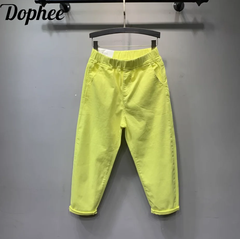 

New Summer Women Casual Trousers Solid Color Elastic Waist Loose Harem Pants Fluorescein All-match Calf-length Straight Pants