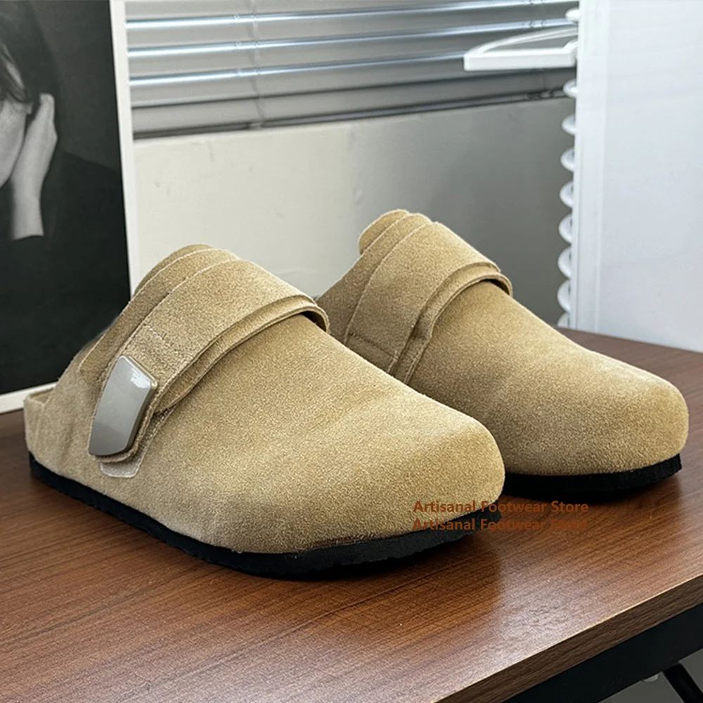 

Мужские уличные тапочки-мюли из замши бежевого/серого/черного цвета на толстой подошве, повседневные, с закрытым круглым носком, без застежек