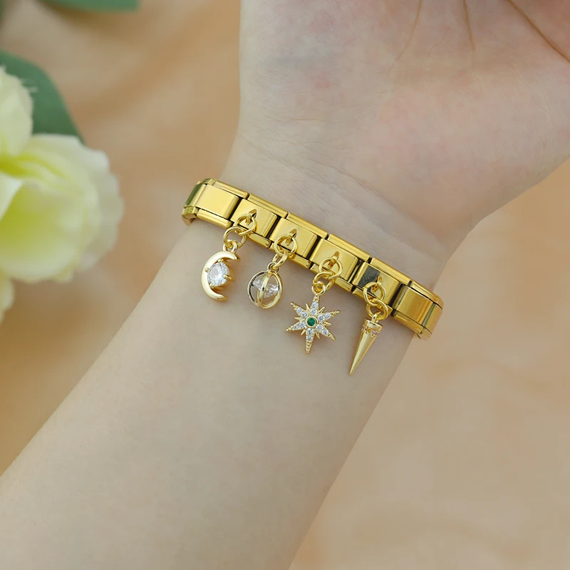 Hapiship 2024 New Fashion Women\'s Crown Star Heart CZ Italian Charms Links Fit 9mm Stainless Steel Bracelet DIY Jewelry DJ1284