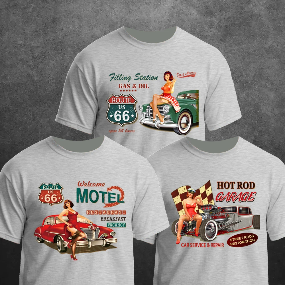 T Shirt Man Classic Route 66 Hot Rod American Girl Vintage Car Summer Casual Printing Short Comfortable O-neck