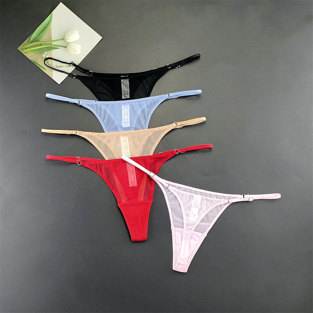 Tanga de malla transparente con cinturón fino ajustable para mujer, lencería sexual caliente de talla grande, bragas deportivas de corte alto con espalda en T, 5 uds.