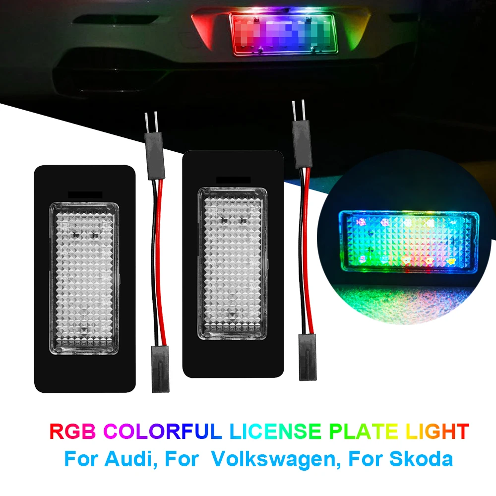 2Pcs Colorful RGB LED License Plate Light lamps for VW Passat Touareg Golf Audi A1 A4 A5 A6 A7 Q5 Skoda Octavia Fabia Yeti Rapid