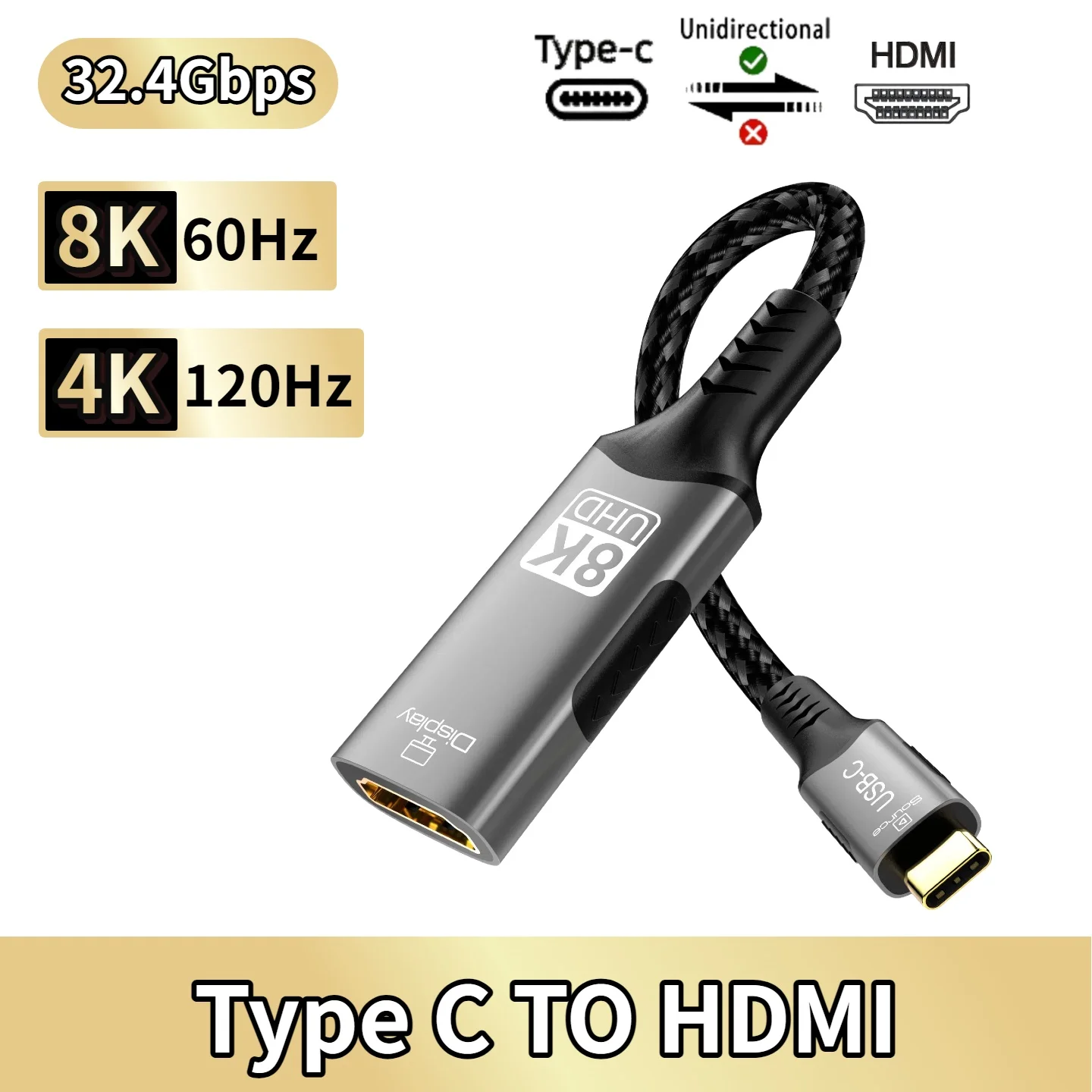 8K@60Hz Type C to HDMI Converter Cable Thunderbolt 3/4 Compatible for iPad Pro/Dell XPS/Surface