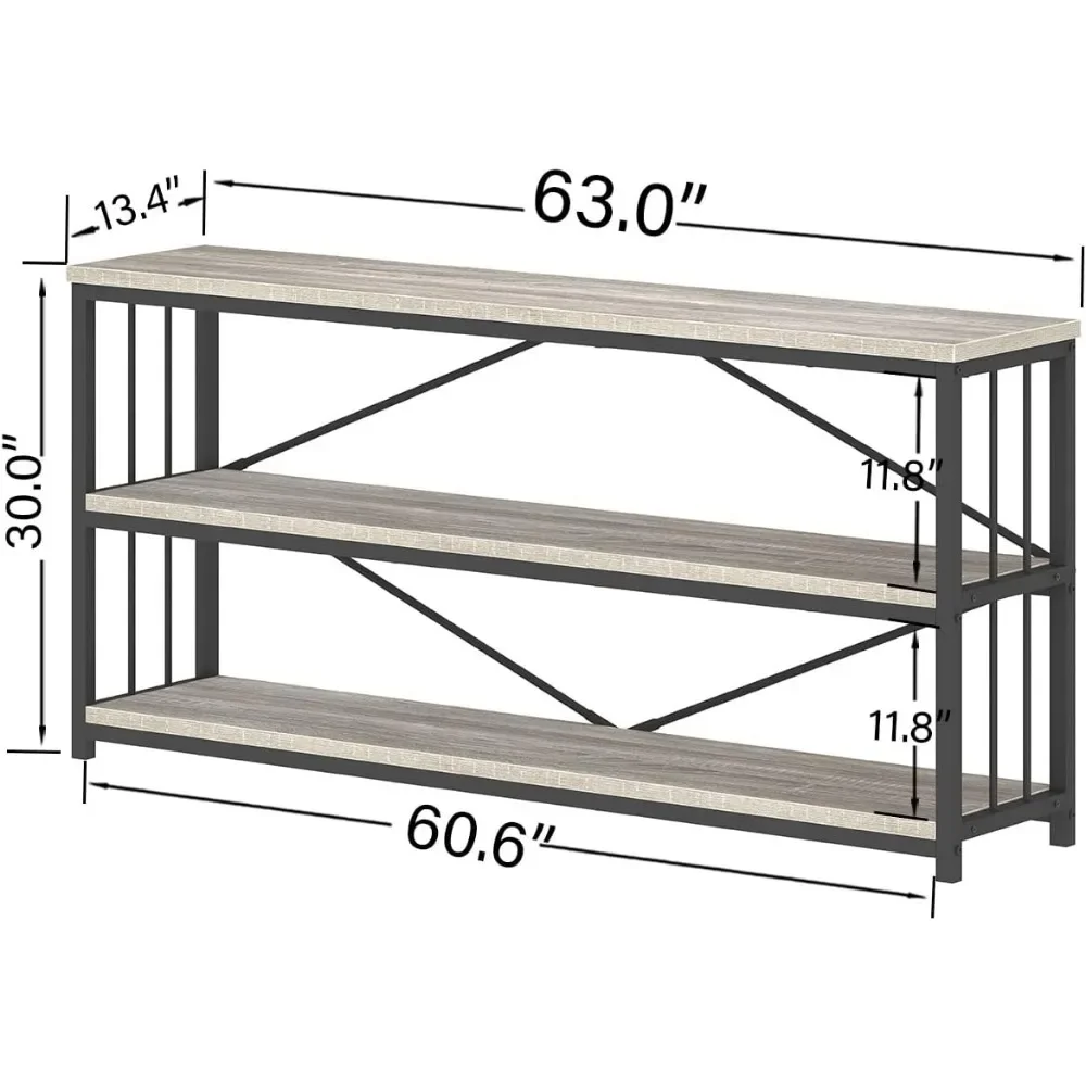 Estante horizontal industrial, estante moderna de 3 camadas de 63 polegadas, grande estante rústica aberta de metal e madeira para sala de estar