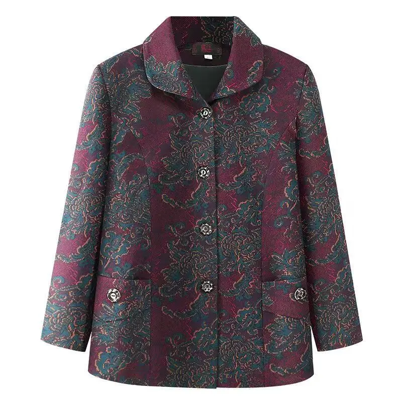 Stylish Outerwear for Elderly Women Spring Autumn Casual Loose Fit Polyester Fiber Button Detail Cardigan Lengthened Jacket