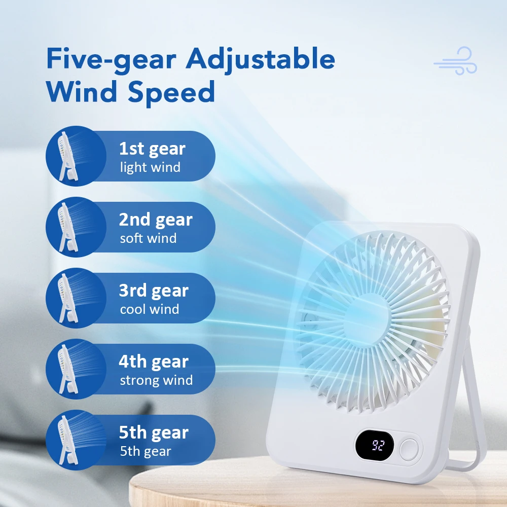 Ventilador de mesa ultrafino portátil ventilador de parede pendurado cinco velocidades forte exibição de energia eólica carregamento usb