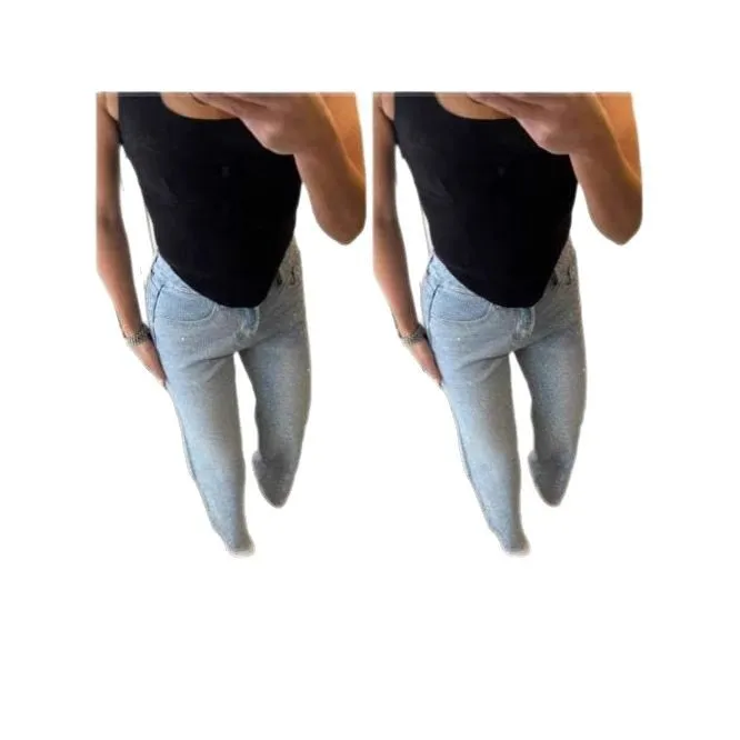 กางเกงยีนส์ผู้หญิงกางเกงยีนส์กางเกงขากว้างเพชรสูงเอวล้าง Distressed กระเป๋าความยาวเต็ม Streetwear 2025 กางเกงตรง