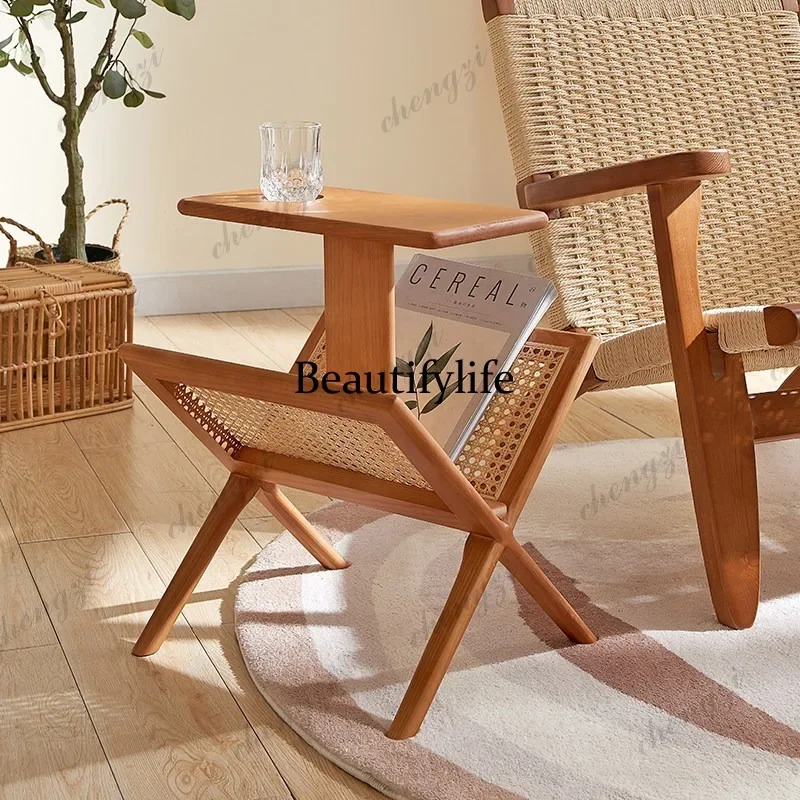 E153 Bookshelf Rattan magazine storage Nordic solid wood bookshelf Corner newspaper shelf