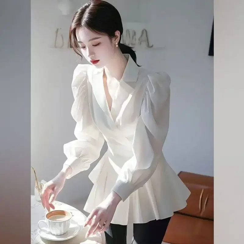 نمط فرنسي جميل 2025 قمصان فرنسية خفيفة فاخرة جديدة مخصر بمزاج الربيع #2