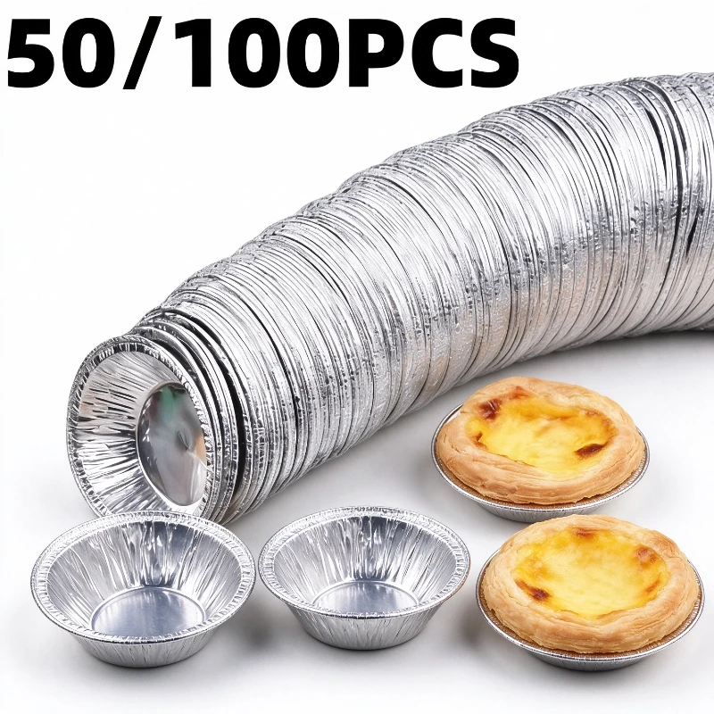 50/100PCS Disposable Aluminum Foil Round Egg Tart Mold Tart Cupcake Baking Pans Single Use Baking Trays For Tartlets Cooking