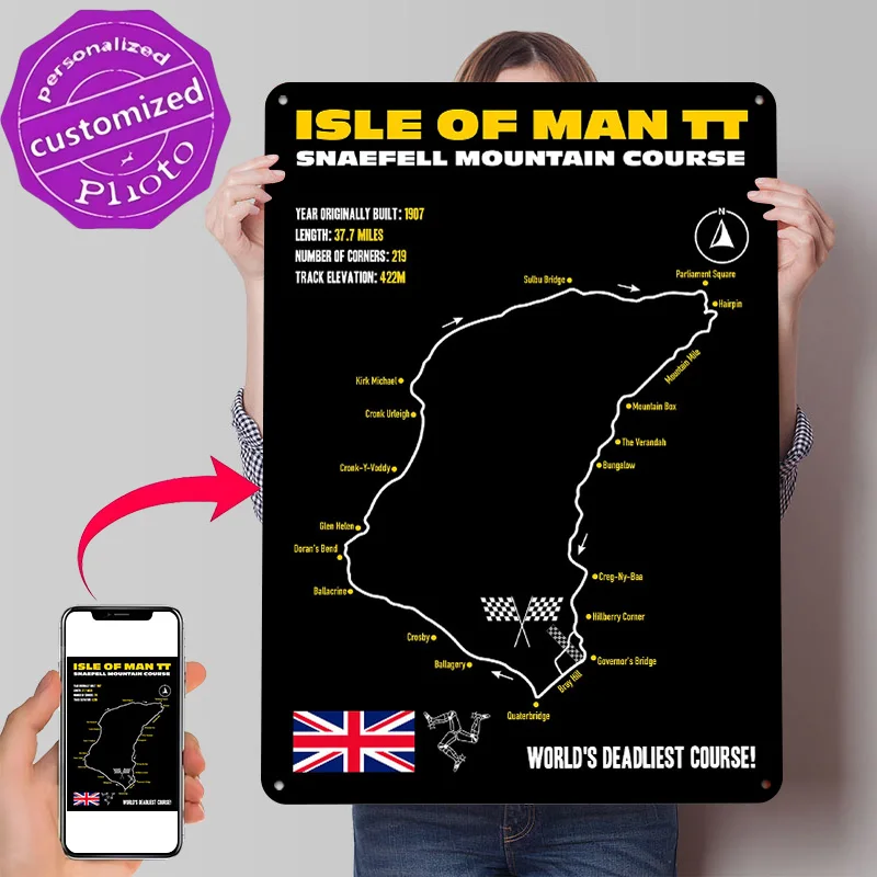 Isle of Man TT Snaefell Course Map 3D Printed Texture Poster Personalized Wall Art Retro Metal Tin Signs for Home and Decoration