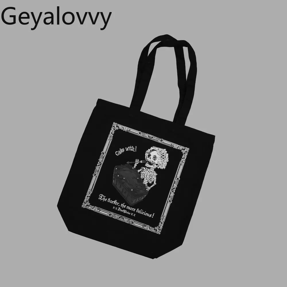 japanese-harajuku-style-gothic-print-canvas-makeup-bag-black-retro-tote-bags-women's-casual-fashion-shoulder-handbag