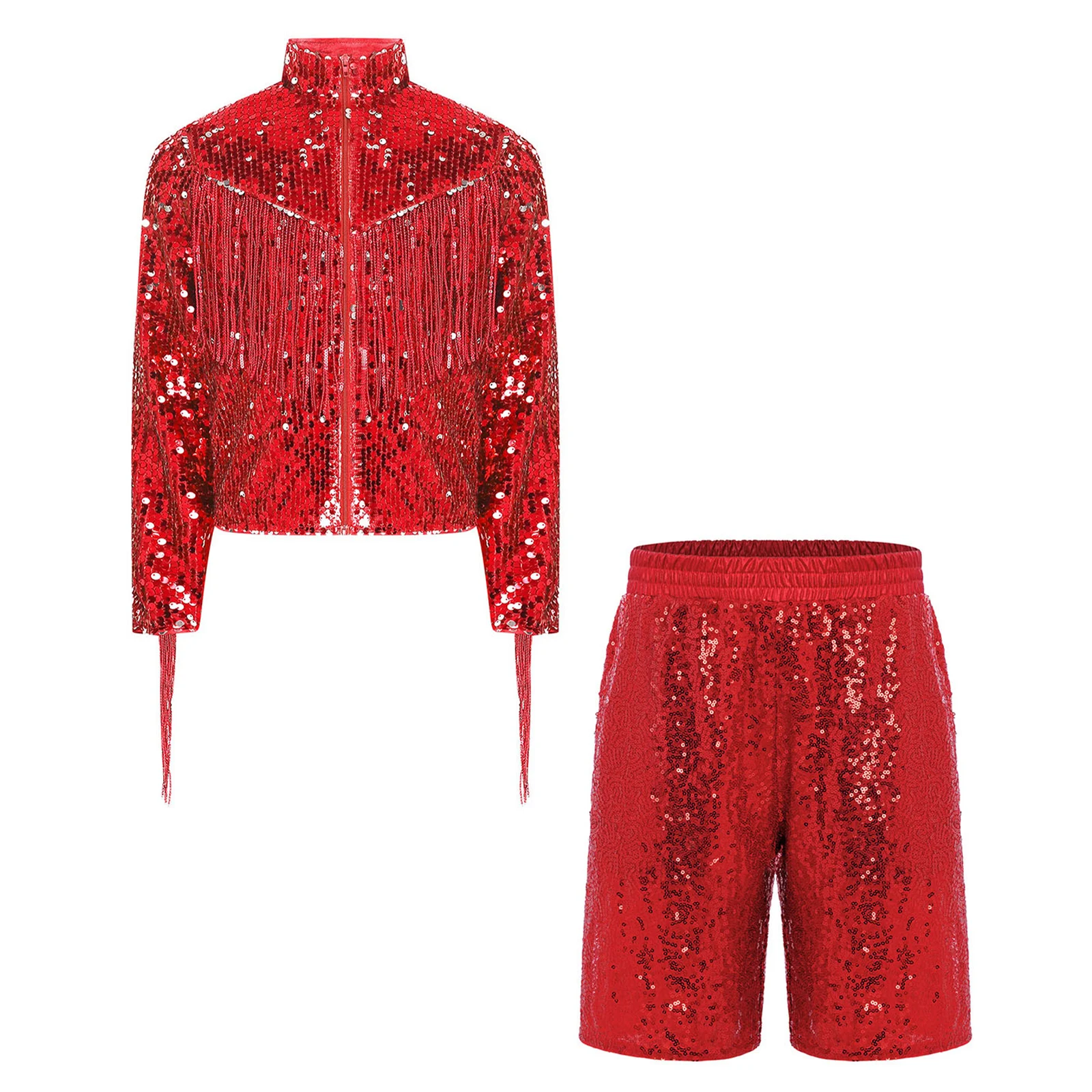 

Kids Boys Jazz Dance Glittery Sequin Outfit Long Sleeve Tassel Jacket and Shorts Performance Costume for School Recital Wear