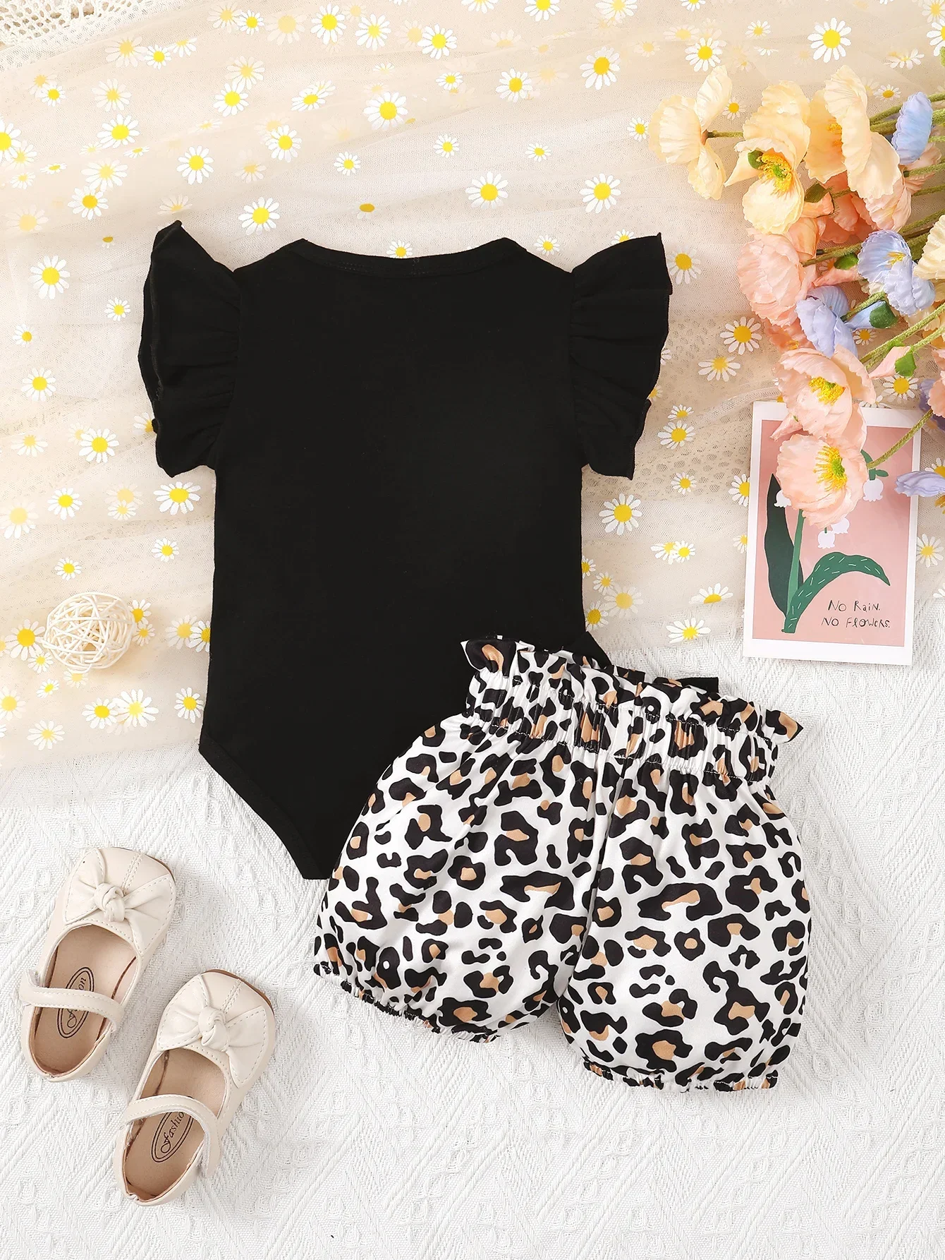 Summer Baby Girl Clothes Set Ruffle Edge T-Shirt Short-Sleeved Jumpsuit Top Leopard Print Shorts Fashion Toddler Clothing Outfit