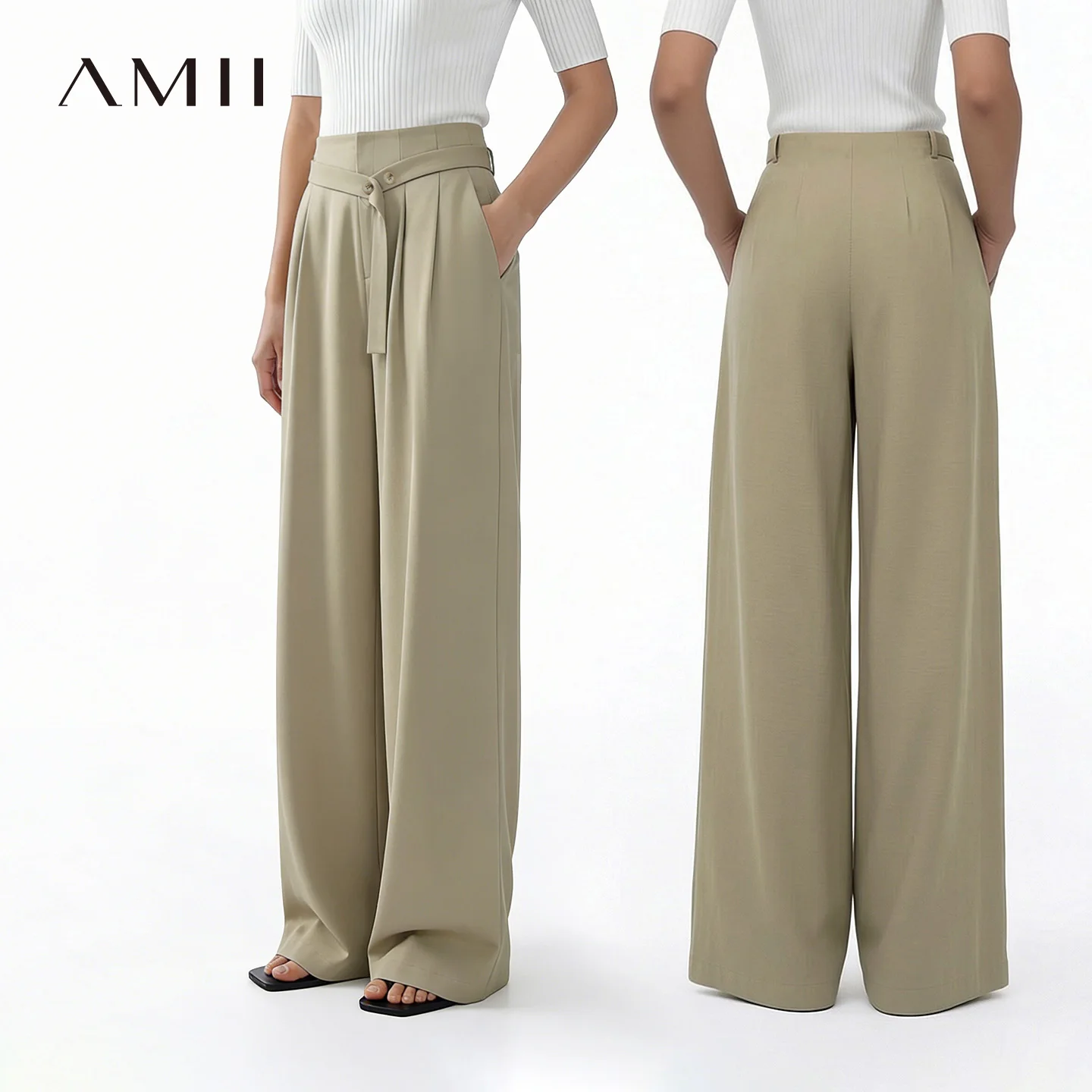 

Amii Women's Pants 2026 Summer New Asymmetric Belted Linen Blend Casual Trousers Office Straight Versatile Women Pants 12642083