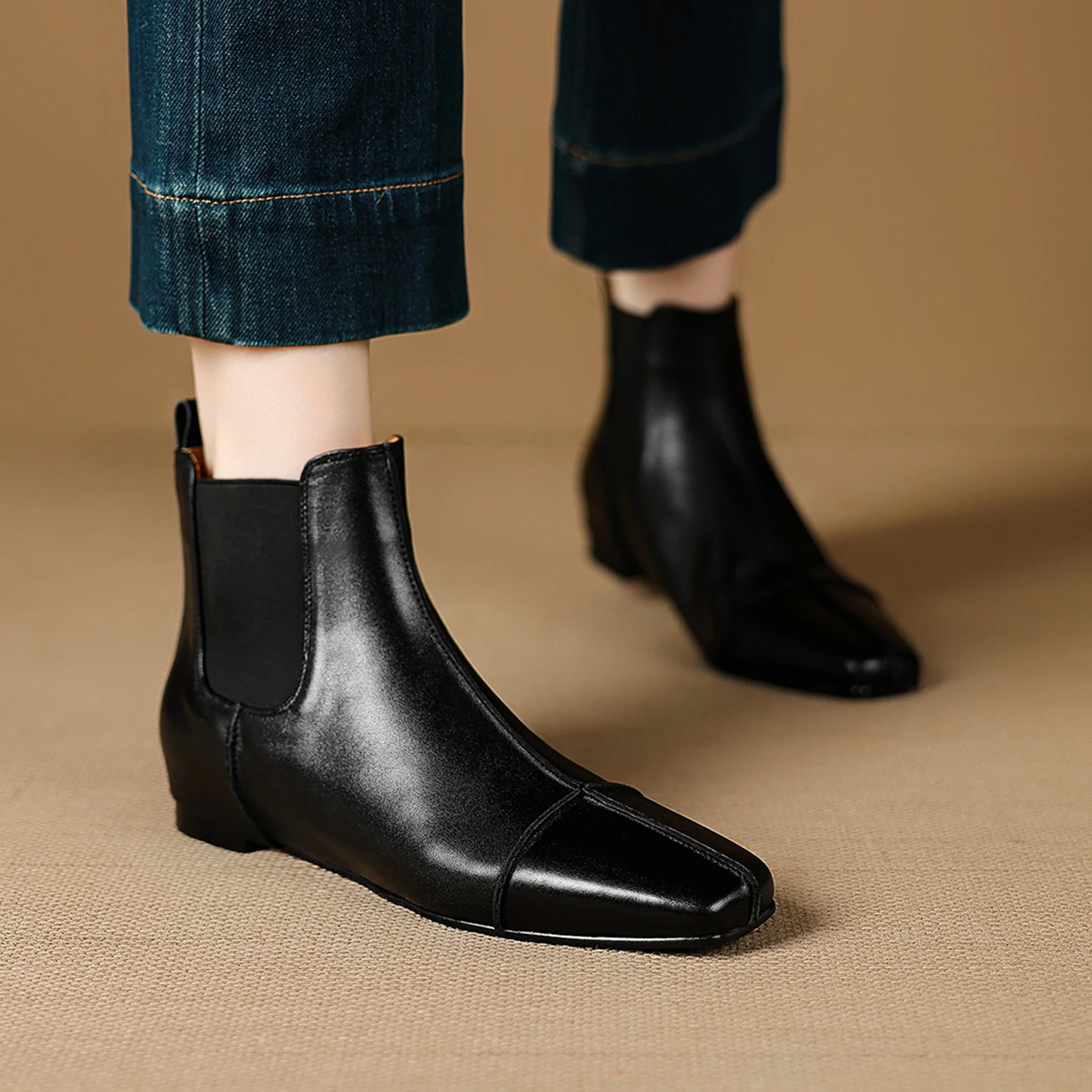 2026 new autumn winter women ankle boots natural leather plus size 22-25cm cowhide square toe height incresing chelsea boots