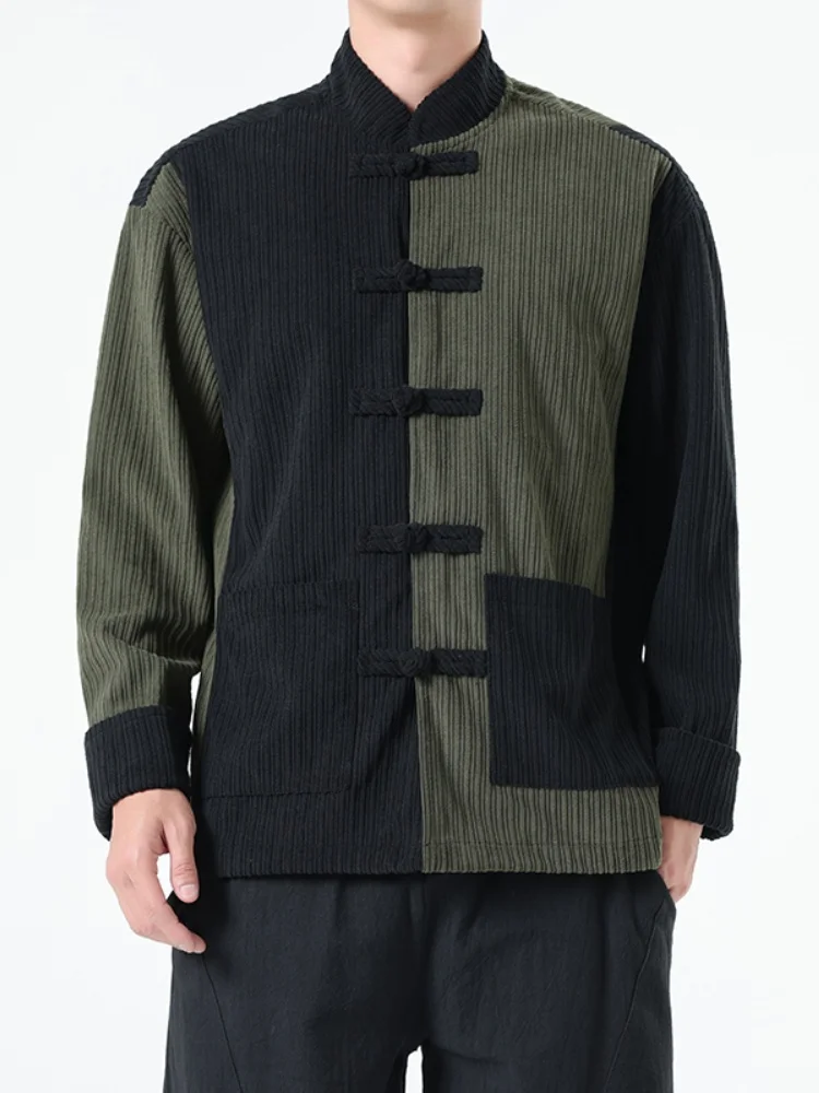 

Новая китайская мужская куртка с воротником-стойкой, в стиле пэчворк, в полоску, весна-осень, в стиле Тан, Ханьфу, дышащая, свободного кроя, с длинными рукавами