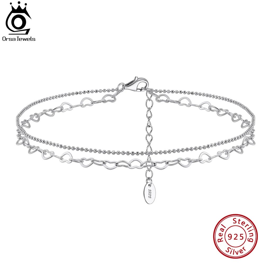 

ORSA JEWELS Genuine 925 Sterling Silver Heart Cut Chain Anklet Fashion Women Summer Foot Bracelet Ankle Straps Jewelry SA66