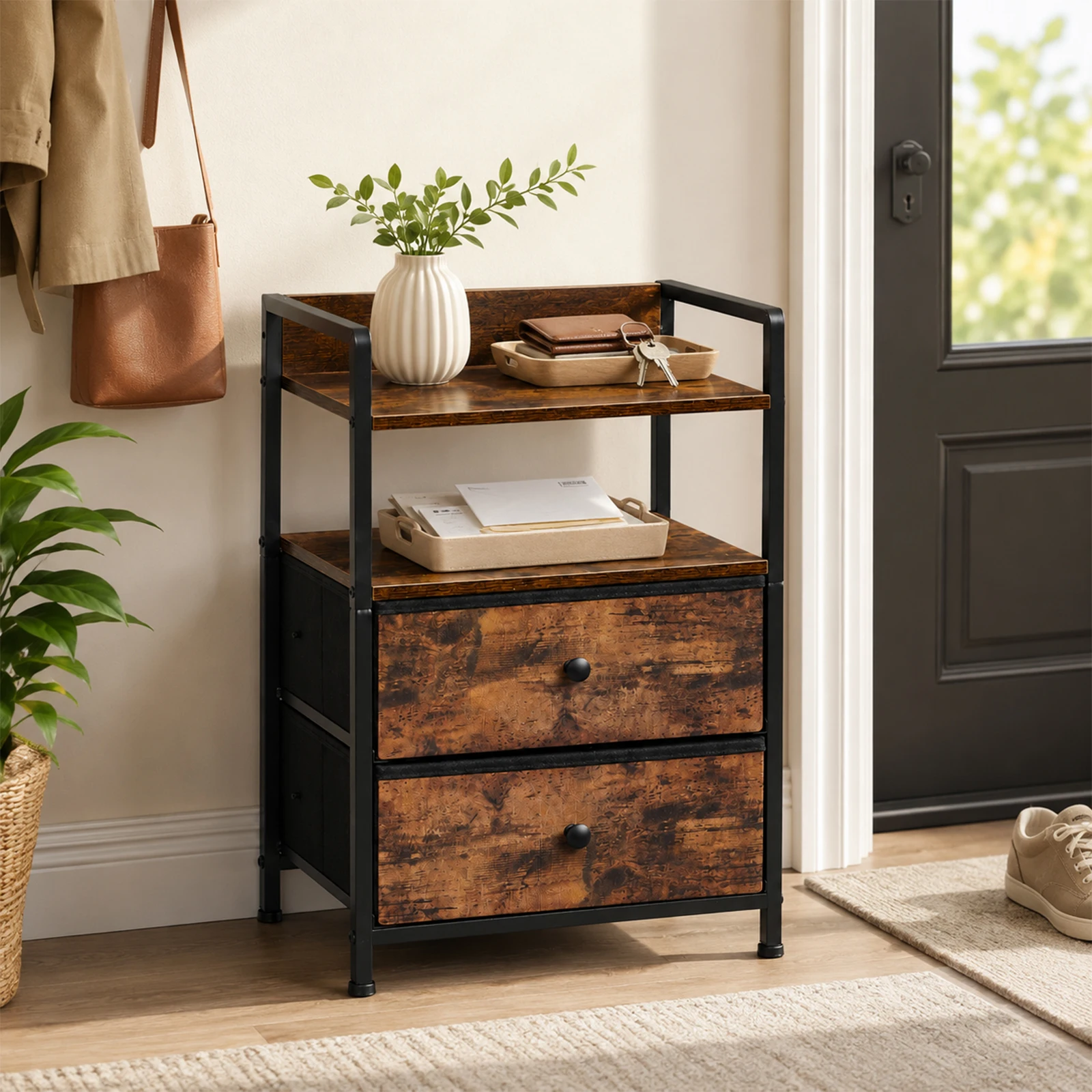 Nightstand Bedside Table, 2-Drawer 4-Tier End Table Cabinet, Height-Adjustable Feet, Sturdy Side Table for Bedroom Living Room