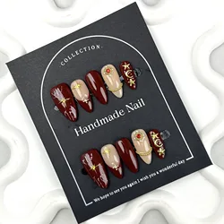 10pcs Handmade Press on Nails Baroque Moon Star Design False Nails Wearable Heavy Metal Red French Almond Shaped Fake Nail Tips