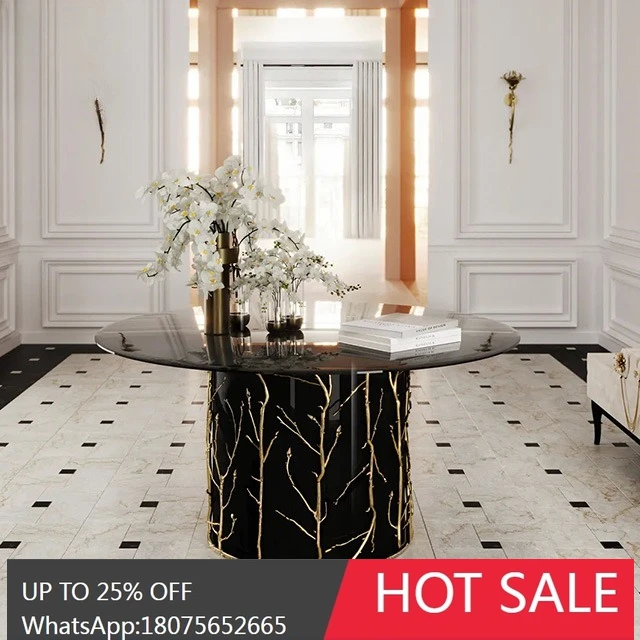 MJY Light Luxury Brass Branch Dining Table Legs Glass Dining Table Round Household Dining Table