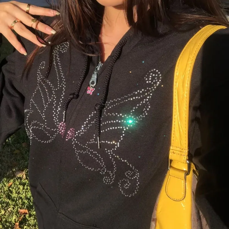 

Y2k Rhinestone Print Gothic Hoodie 2000s Fashion Jacket Women Hip Hop Long Sleeve Pullover Loose Vintage Autumn Sweatshirt