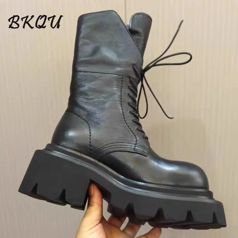 BKQU European Station Platform Boot Women 2024 Winter Plus Fleece New Elevating Mid-cylinder Head Lace-up Motorcycle Ankle Boots