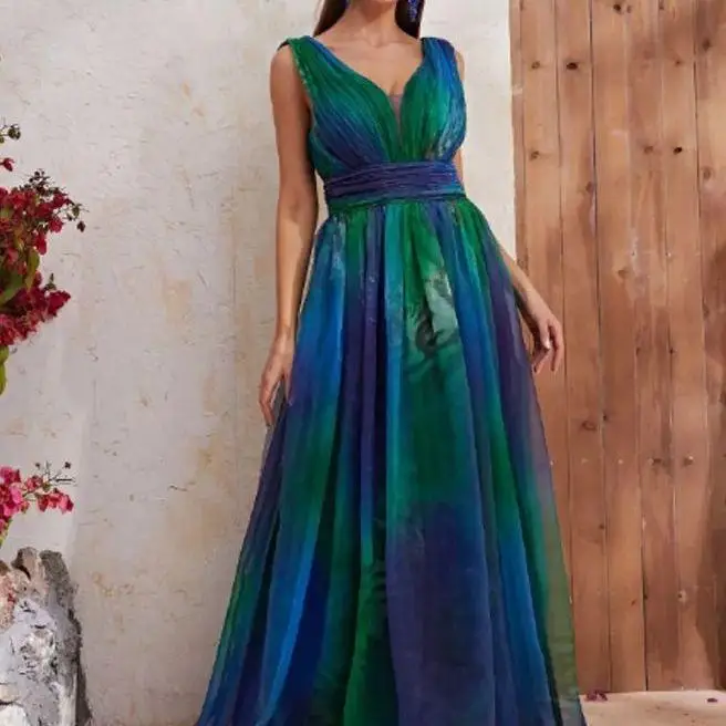 Summer New Women's Deep V Bal Printed Dr High Waist A-Line Long Skirt Svel Dyed tough Head Zipper Closure