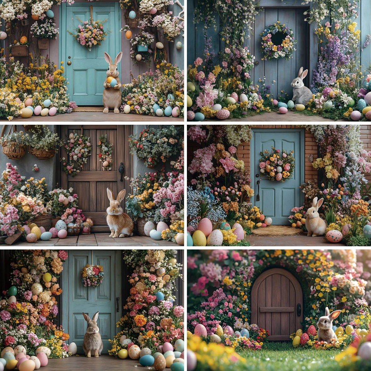 Easter Bunny Garden Photography Backdrop Spring Flowers Easter Eggs Wood Door Kids Birthday Indoor Portrait Photocall Background