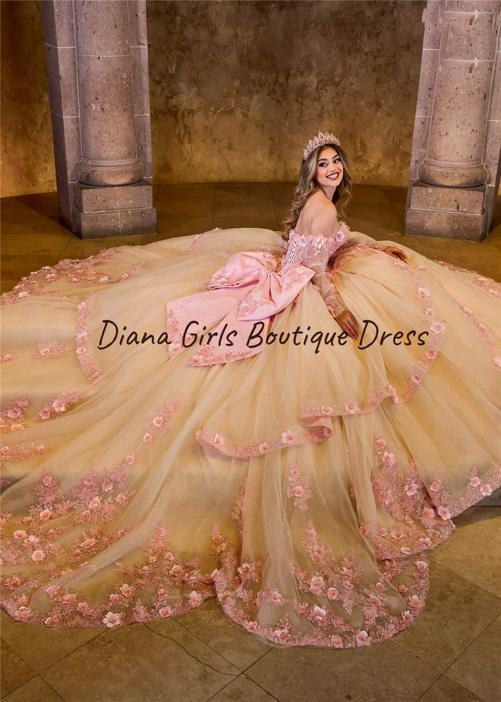 Quinceanera 원피스 볼 가운, 3D 꽃 레이스 아플리케 구슬 장식, 케이프 멕시코 스위트 최고의 단색 가운