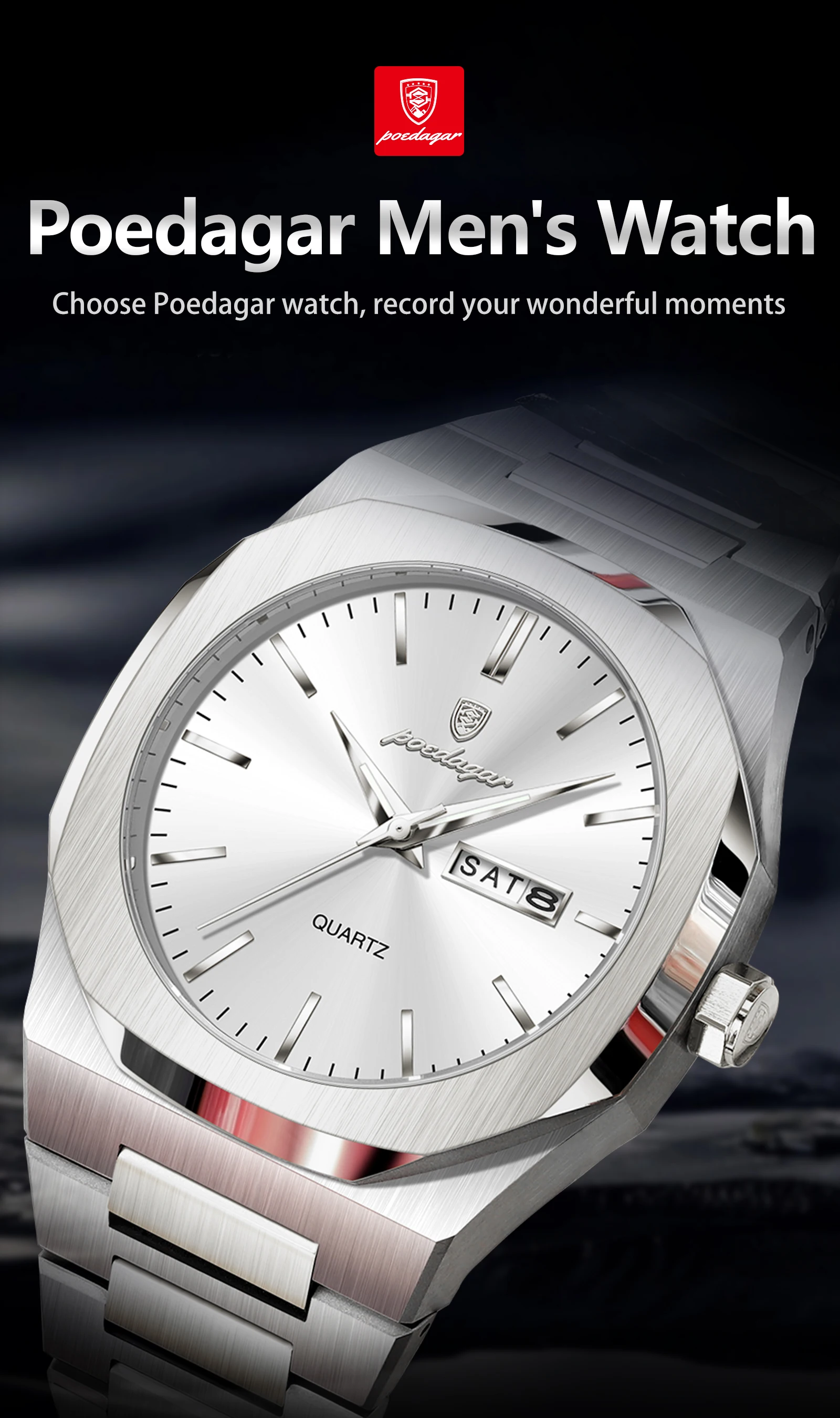 POEDAGAR Mode Marke Männliche Armbanduhr Wasserdicht Leucht Edelstahl Männer Uhr Datum Woche Casual Quarz herren Uhren Reloj – Detail 2