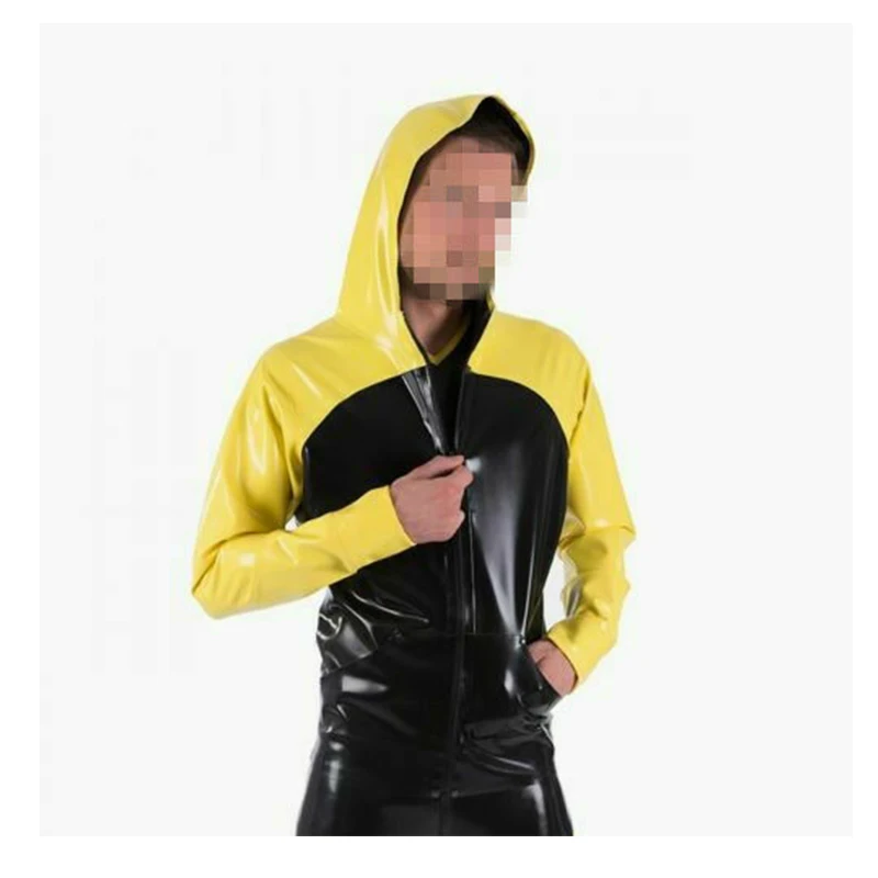 

Latex Hoodies Catsuit Handmade Black with Yellow Front Zip Rubber Jumpsuit Bodysuit for Men Customize