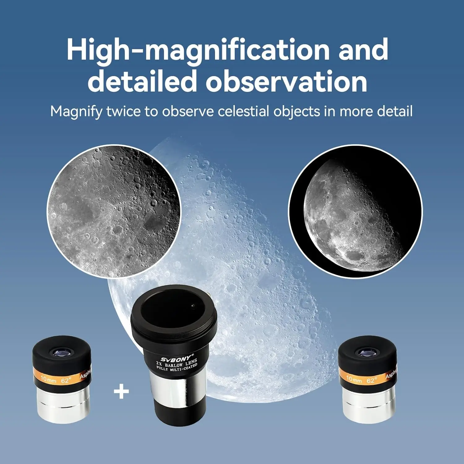 Svbony عدسات عينية 4 مم وعدسة تلسكوب وعدسة بارلو SVBONY 2X وعدسة عينية كروية بزاوية واسعة 62 درجة وملحق تلسكوب