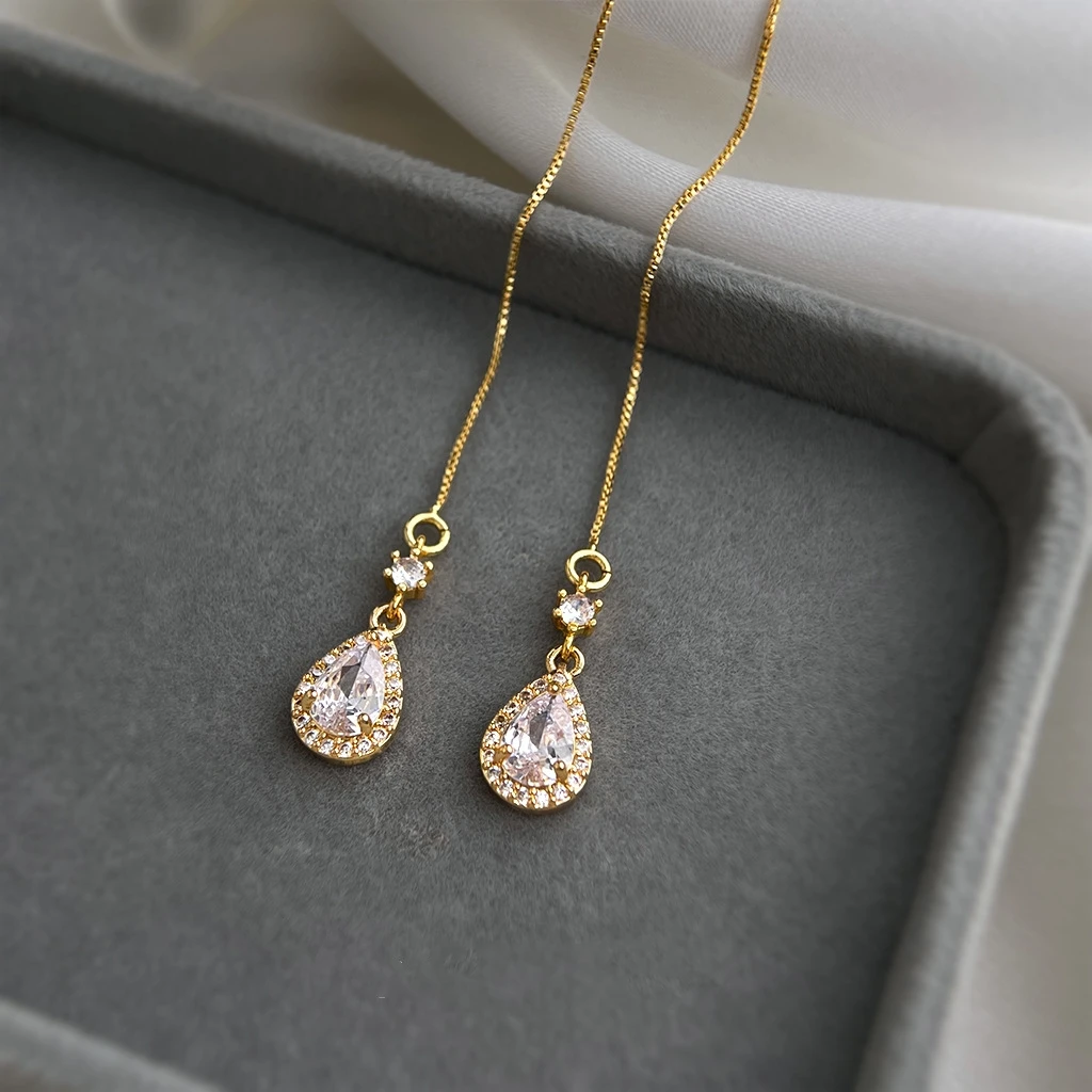 18K Gold Plated Copper Teardrop Cubic Zirconia Threader Earrings For Women Wedding Jewelry