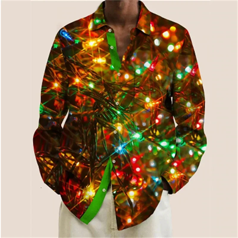 2024 Men\'s Shirt Christmas Fireworks Series 3D Printed Pattern Button Shirt Fashion Long Sleeve Casual Outdoor Large Size Hot Se