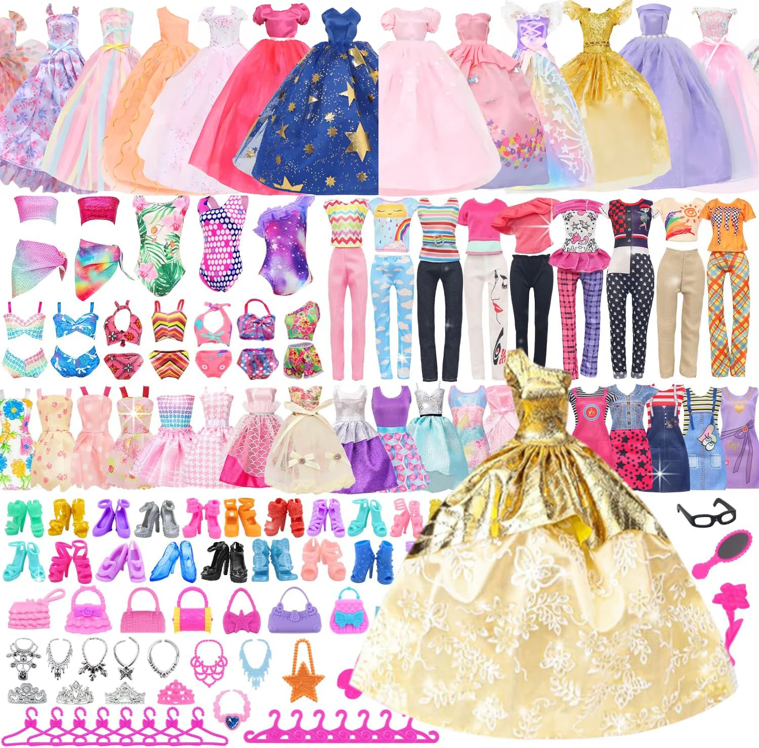 

84pcs Dolls Clothes Accessories =5 Wedding Gowns+3 Fashion Dress+3 Tops&pants+3 Swimsuit +60 Accessories for 11.5 inch Dolls