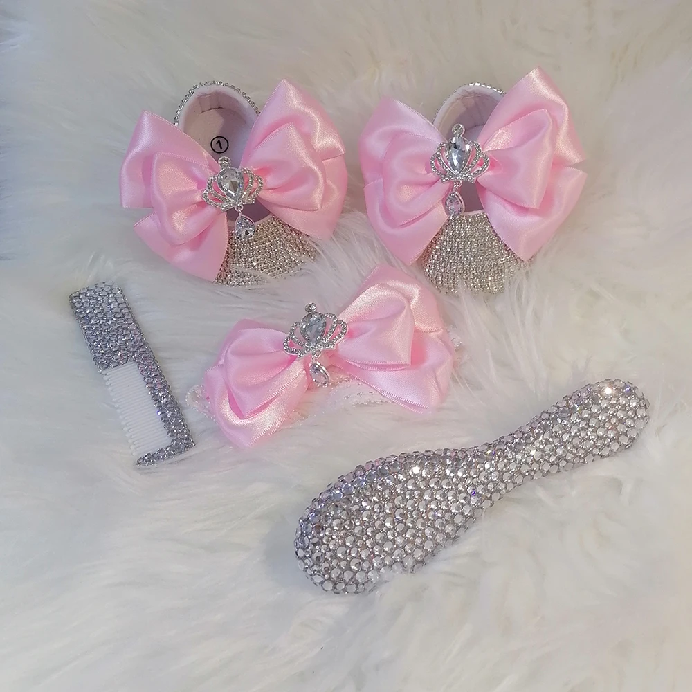 Handmade Bow Rhinestones Baby Girl Kids Shoes Hairband Pacifier Clip Comb First Walker Sparkle Bling Crystals Shower Gift