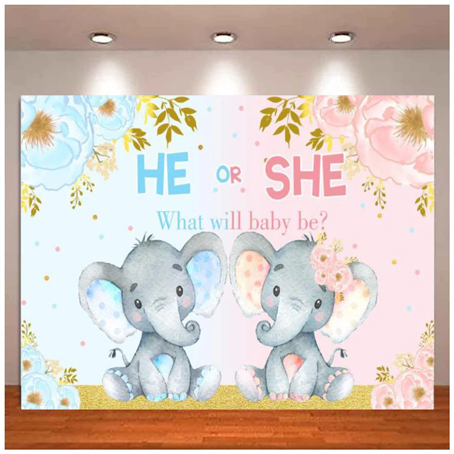 

Elephant Gender Reveal Baby Shower Backdrop Pink Or Blue Flower Background He Or She What Will Baby Be Newborn Baby Party Decor