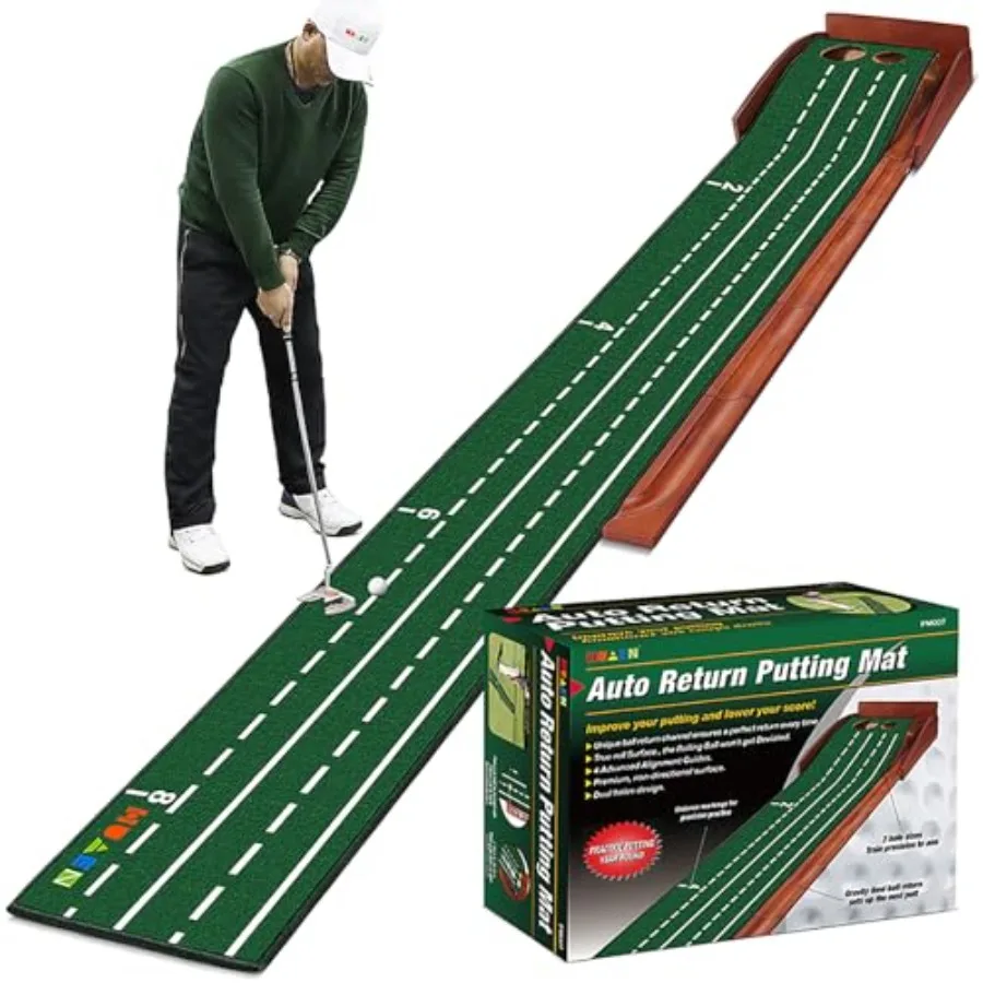 

8ft Indoor and Outdoor Golf Putting Mat with Ball Return for Wood Putting Green Training WrinkleFree Natural Rubber Surface Dur