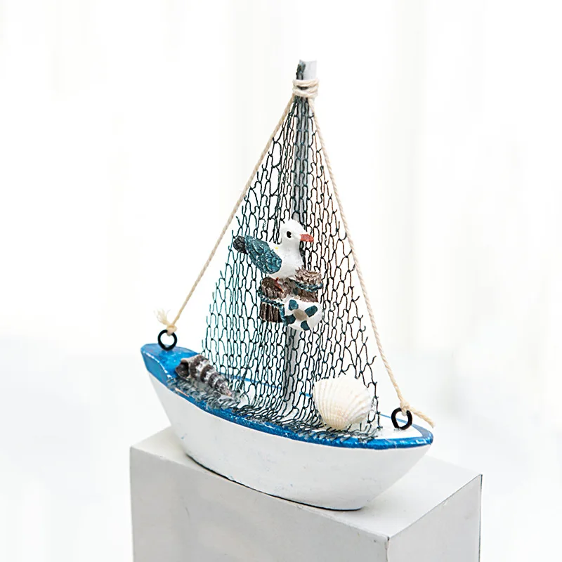 14CM Sailing Crafts Ornaments Mediterranean Style Wooden Sailing Boat Model Home Decoration Accessories Living Room Decor Gifts