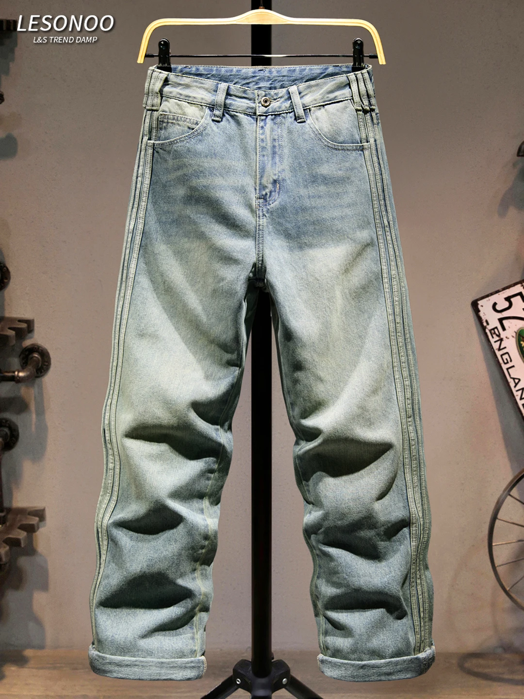 

Мужские джинсы в стиле ретро с полосатыми вставками, свободные, прямого кроя, модные, широкие брюки, повседневные, из хлопкового денима, в стиле High Street