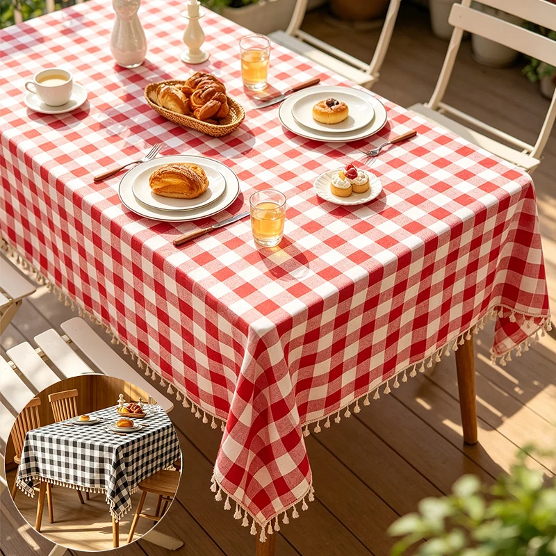 1 Stück Retro-Tischdecke mit Karomuster und Fransen in verschiedenen Größen, waschbar, geeignet für die Dekoration von Zuhause, Küche, Café, Restaurant