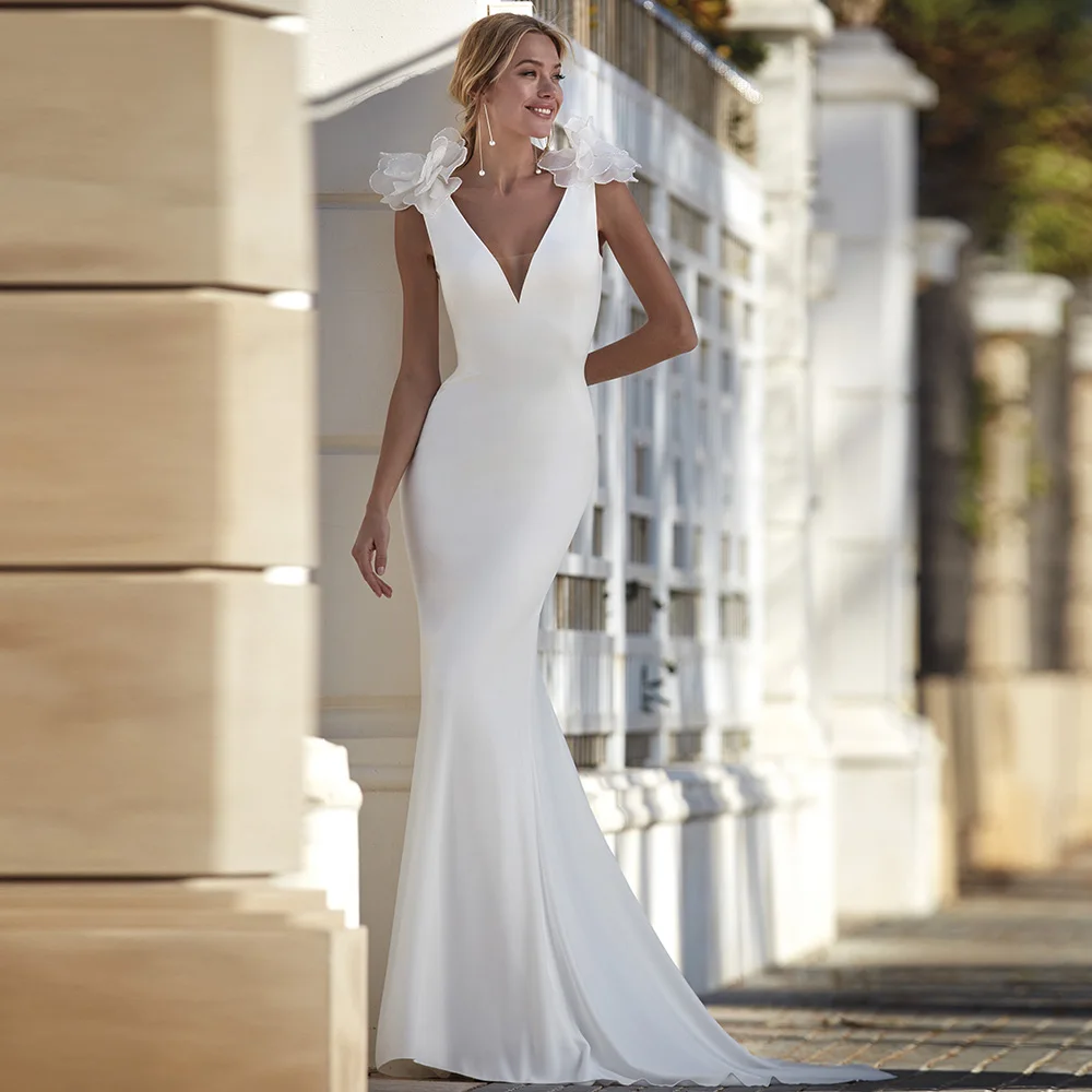 Elegant Gown White Boho Wedding Dresses Solid Color Satin Applique Flower Mermaid V-neck Floor Length Dresses Gowns 2024