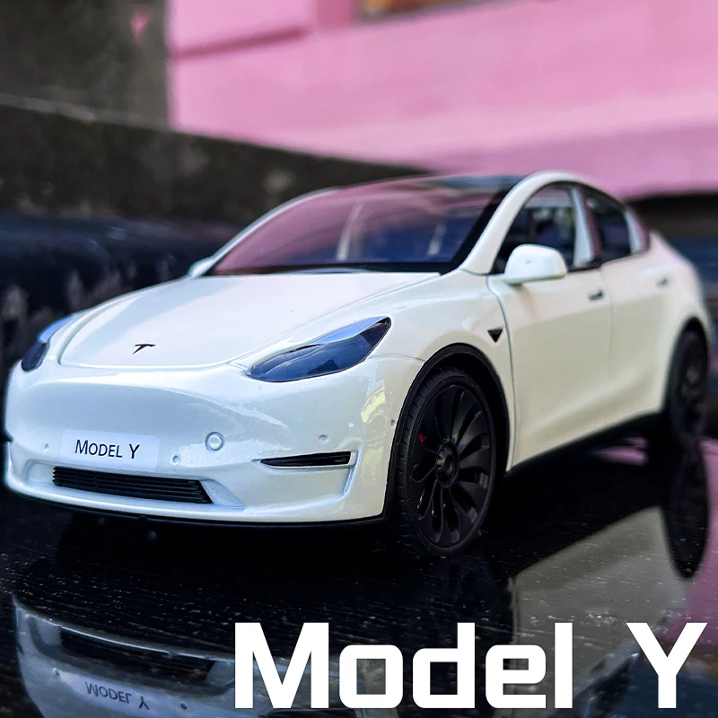 New 1:24 Teslas Model Y Model 3 With Charging Pile Alloy Car Die Cast Toy Car Model Sound and Light Children\'s Collectibles Gift