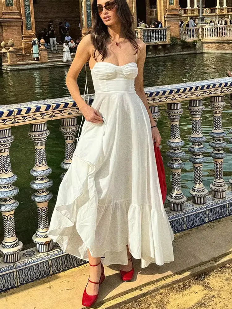 HH Woman Fashion Summer Chic Long Dresses White Sling Sleeveless Backless Lace-Up Decoration Zipper Female Beach Style Dress