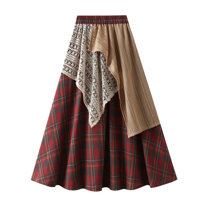 Vintage midi skirt with irregular grid lace patchwork, high waisted women's long skirt, A-line skirt, mini skirt