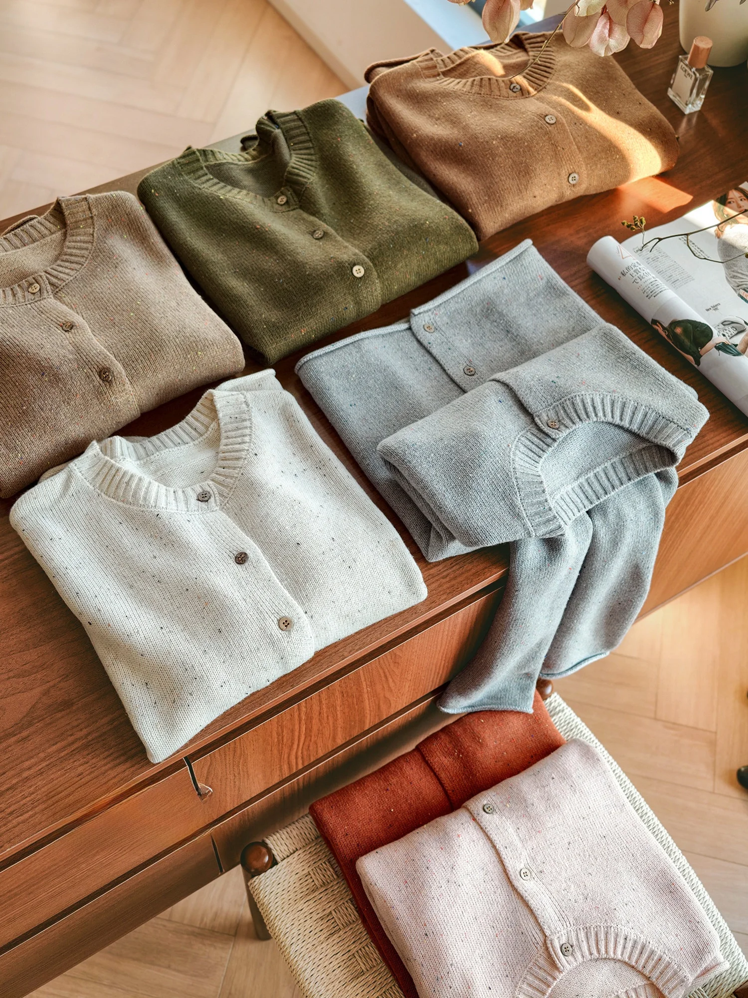Small Ear Production round Neck Sweater Open Cardigan Wool Blend Multicolor Yarn Cuffed Hem Ribbed Collar Loose Fit Long Sleeve