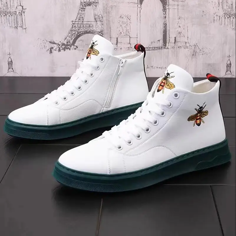 

Туфли мужские высокие с вышивкой, высокие кеды, ковбойские ботинки в Корейском стиле, повседневная обувь, белые